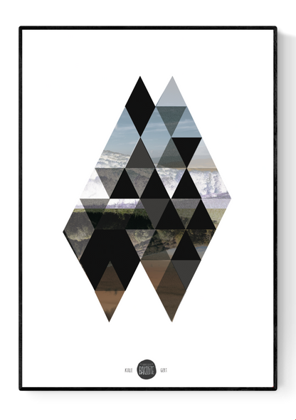 Minimalist geometric art print “Kulle” by Studio Frits, inspired by Swedish landscapes. Triangular composition mixing soft natural tones, photography, and modern Scandinavian design. Perfect wall art for contemporary, Nordic-style interiors.
