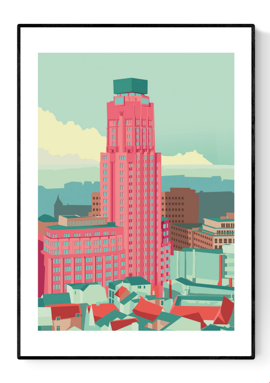 Boerentoren Antwerp illustration by Studio Frits – colorful modern art print of the iconic Art Deco skyscraper in Antwerp, Belgium, architectural wall art in pastel tones, perfect for urban design lovers, available at Galerie Frits