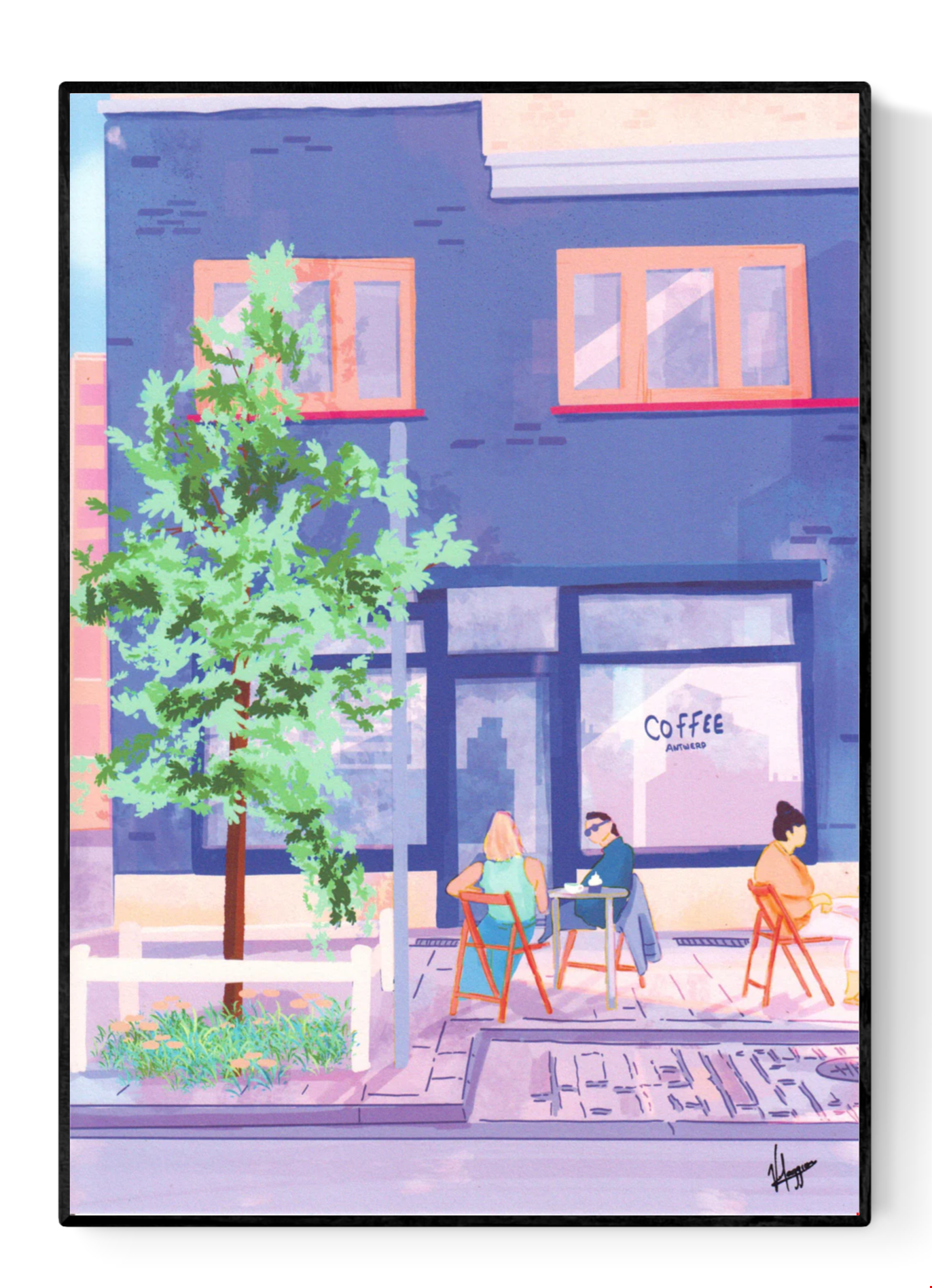Antwerp Summer Coffee by Valeria Maggiani – A3 art print of a cozy summer café terrace in Antwerp with people enjoying coffee outdoors, urban lifestyle illustration in pastel tones, perfect wall art for design lovers and coffee enthusiasts.