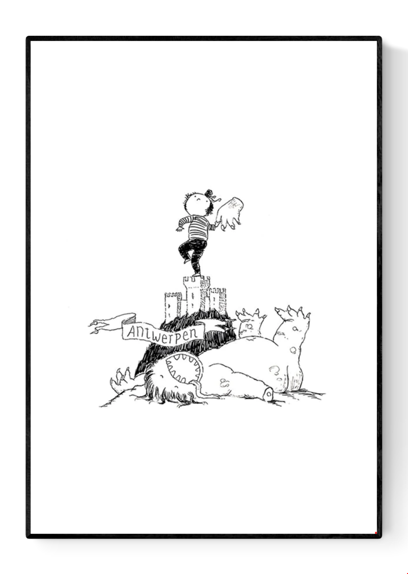 Whimsical black-and-white line drawing by Willy Leung titled 'Antwerpen,' featuring a heroic child standing atop the medieval fortress Het Steen, waving a severed monster hand in triumph above a defeated dragon. A playful and imaginative tribute to the city of Antwerp, combining humor, folklore, and childlike wonder—ideal for fans of storytelling art and charming city-themed prints