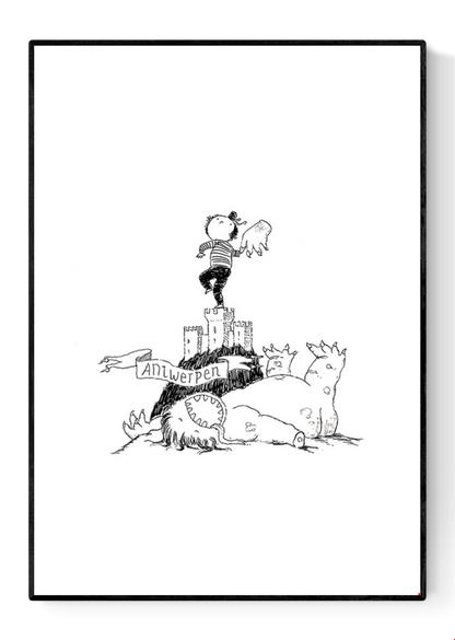 Whimsical black-and-white line drawing by Willy Leung titled 'Antwerpen,' featuring a heroic child standing atop the medieval fortress Het Steen, waving a severed monster hand in triumph above a defeated dragon. A playful and imaginative tribute to the city of Antwerp, combining humor, folklore, and childlike wonder—ideal for fans of storytelling art and charming city-themed prints