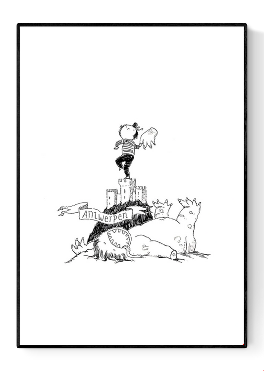 Whimsical black-and-white line drawing by Willy Leung titled 'Antwerpen,' featuring a heroic child standing atop the medieval fortress Het Steen, waving a severed monster hand in triumph above a defeated dragon. A playful and imaginative tribute to the city of Antwerp, combining humor, folklore, and childlike wonder—ideal for fans of storytelling art and charming city-themed prints