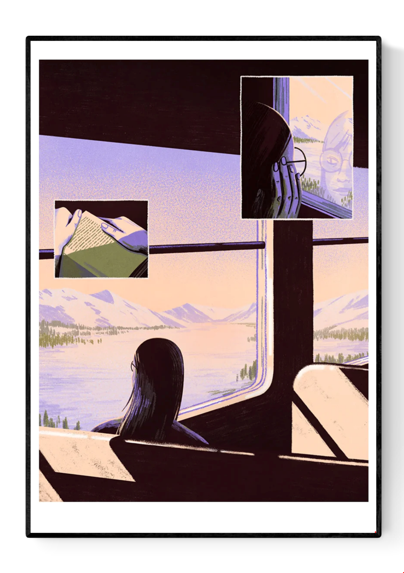 Giclée art print by Belgian illustrator Linde Raats showing a woman on a train gazing out at snowy Arctic mountains, with warm pastel hues and atmospheric light – 30x40 cm fine art print perfect for winter lovers and dreamy interiors