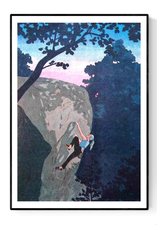 Expressive illustration by Victor Pellet titled 'Ascension Crépusculaire,' depicting a female rock climber ascending a rugged cliff face at dusk. Framed by silhouettes of trees and a soft pink-blue twilight sky, this atmospheric artwork captures the strength, solitude, and serenity of climbing in nature—ideal for outdoor enthusiasts, adventure art collectors, and modern interiors