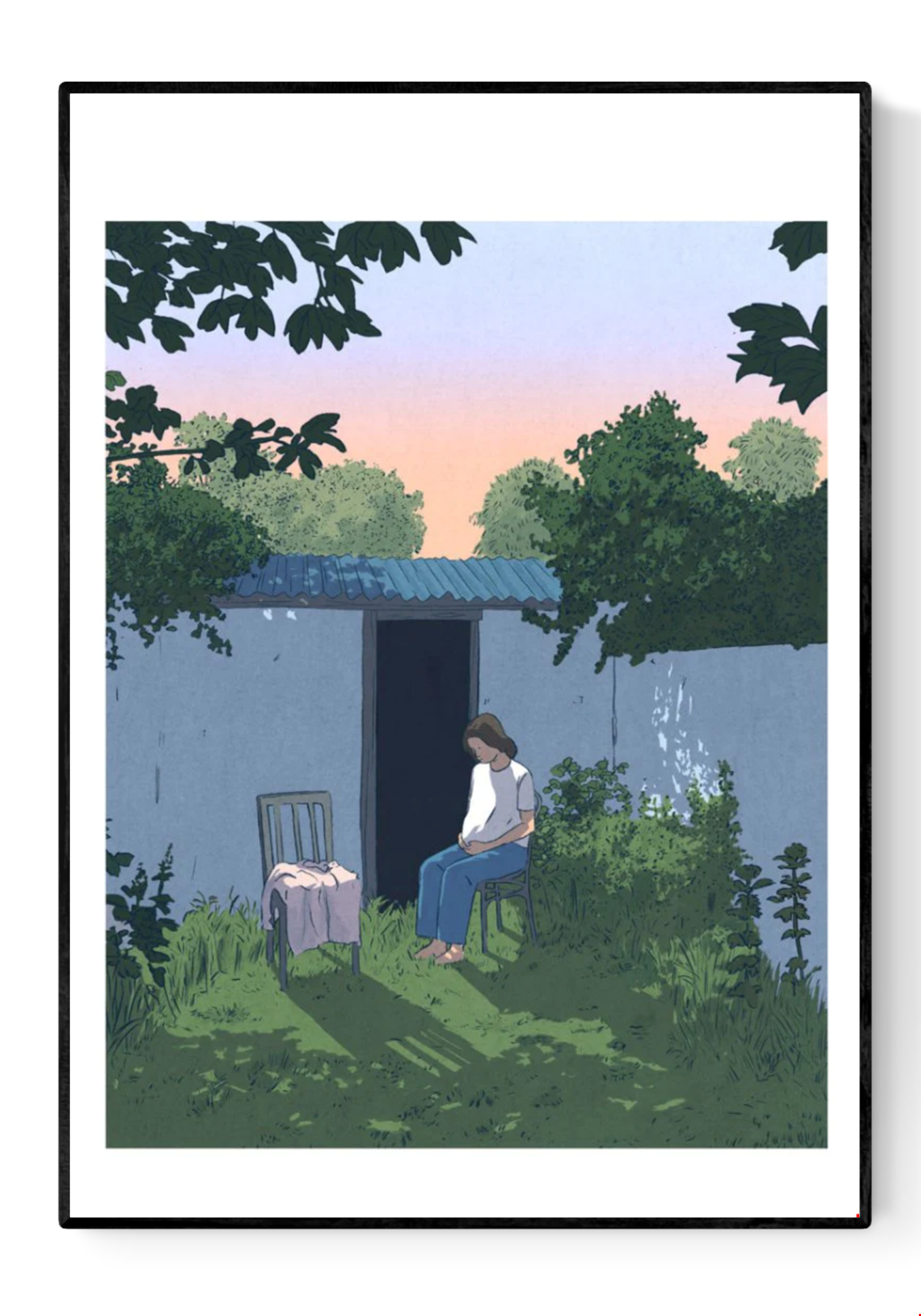 Peaceful and contemplative illustration by Victor Pellet titled 'Au Jardin,' showing a young woman seated quietly in a lush backyard garden at dusk. Framed by greenery, soft shadows, and a pastel sunset sky, this intimate scene evokes solitude, reflection, and the quiet beauty of everyday moments—perfect for minimalist interiors and lovers of poetic, narrative-driven art