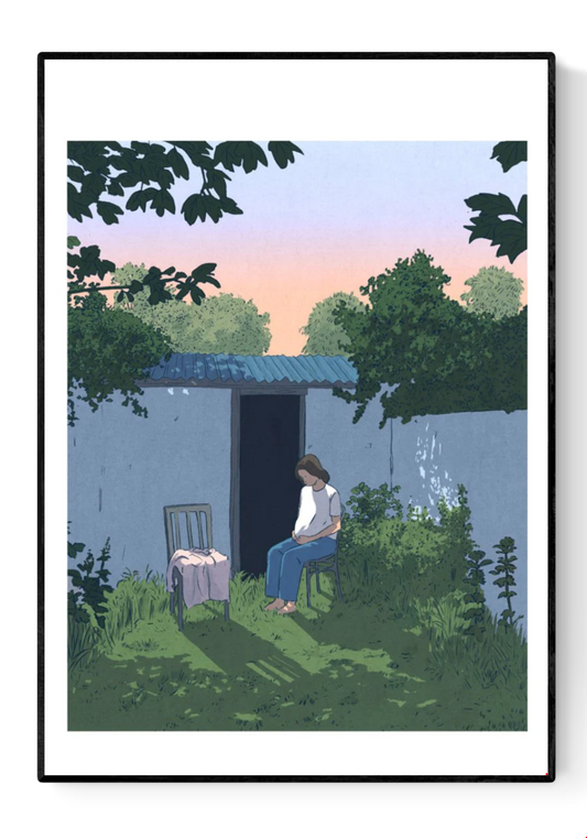 Peaceful and contemplative illustration by Victor Pellet titled 'Au Jardin,' showing a young woman seated quietly in a lush backyard garden at dusk. Framed by greenery, soft shadows, and a pastel sunset sky, this intimate scene evokes solitude, reflection, and the quiet beauty of everyday moments—perfect for minimalist interiors and lovers of poetic, narrative-driven art