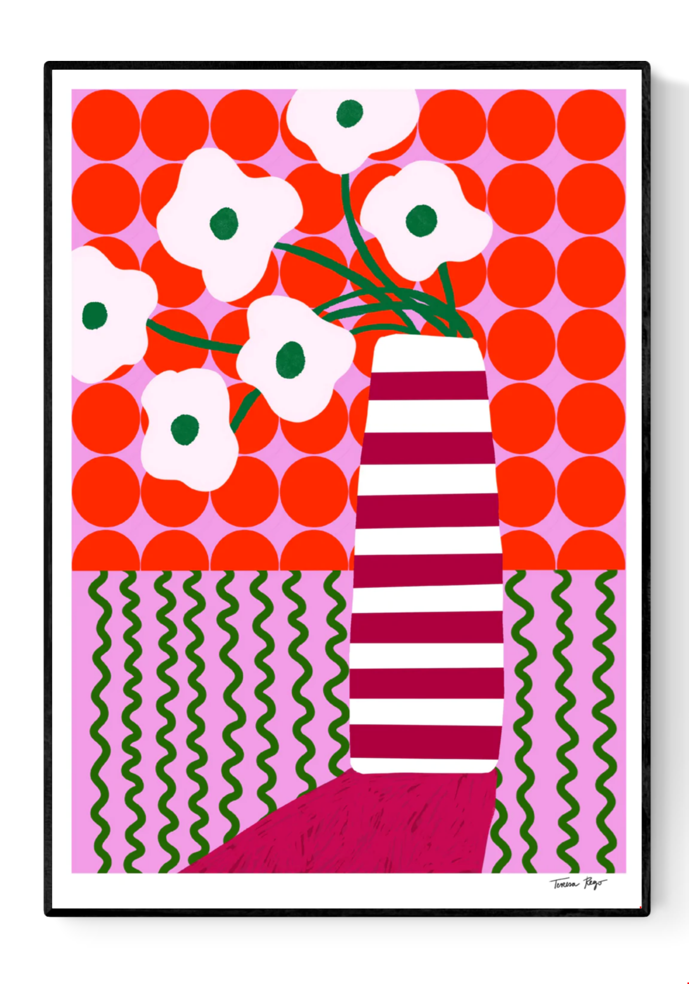 Colorful A4 Giclée print by Portuguese illustrator Teresa Rego – bold striped vase with playful white flowers, red, pink and green graphic patterns, printed on 315 gsm acid-free, 100% cotton fine art paper with pigment-based inks – vibrant botanical wall art for modern interiors.