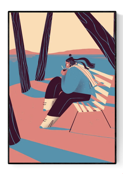 “Autumn” by Gheleyne Bastiaen – 30x40 cm art print of a woman sitting by the lake, sipping wine, with flowing scarf and soft shadows in pink, blue and cream tones, digital Belgian illustration.