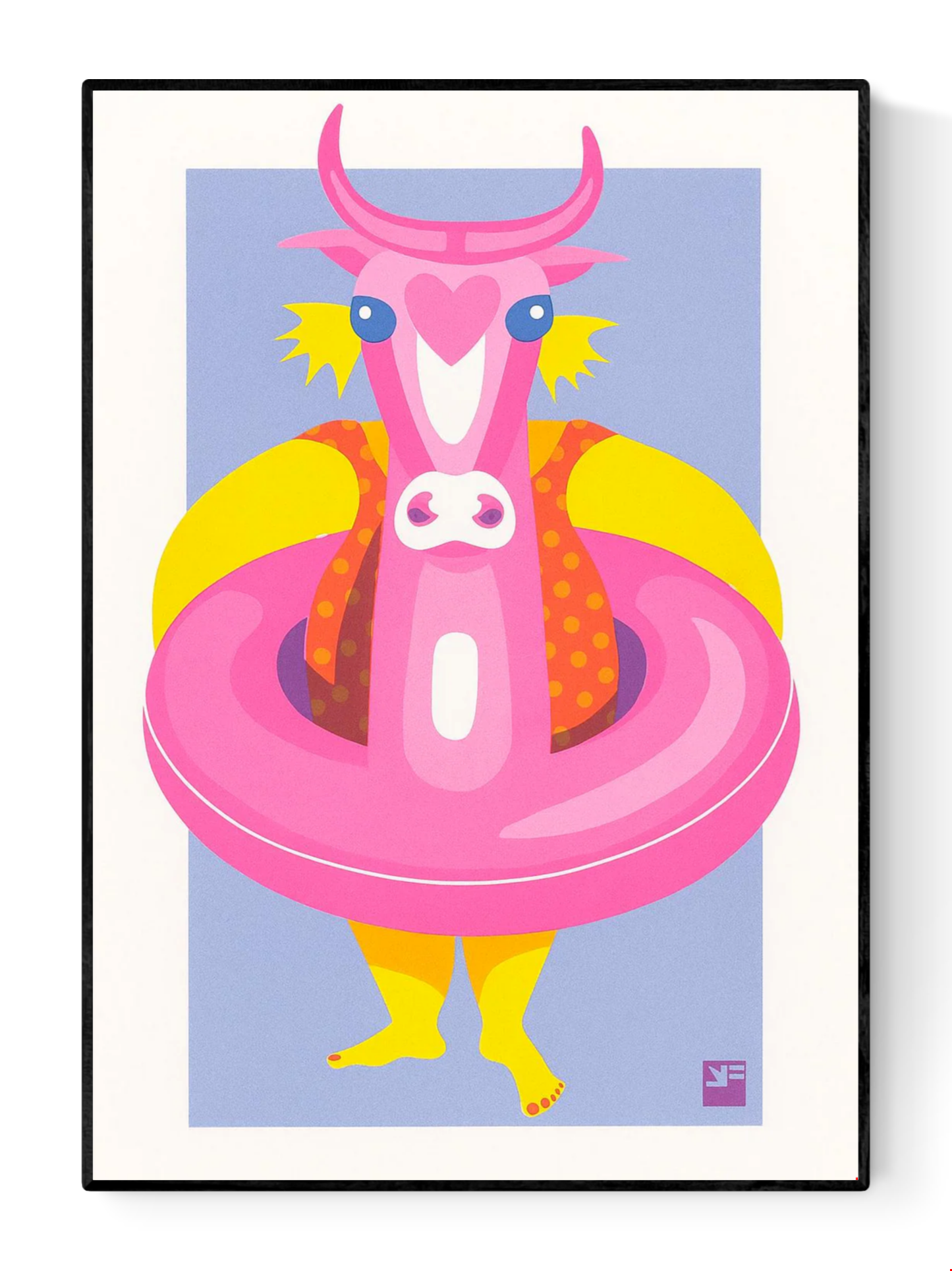 Playful risograph illustration of a child with a large pink inflatable cow float at the beach, in vibrant summer colors – Kid with Floating Cow by VrijFormaat – A4 art print.