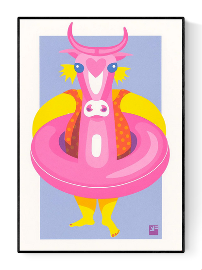 Playful risograph illustration of a child with a large pink inflatable cow float at the beach, in vibrant summer colors – Kid with Floating Cow by VrijFormaat – A4 art print.