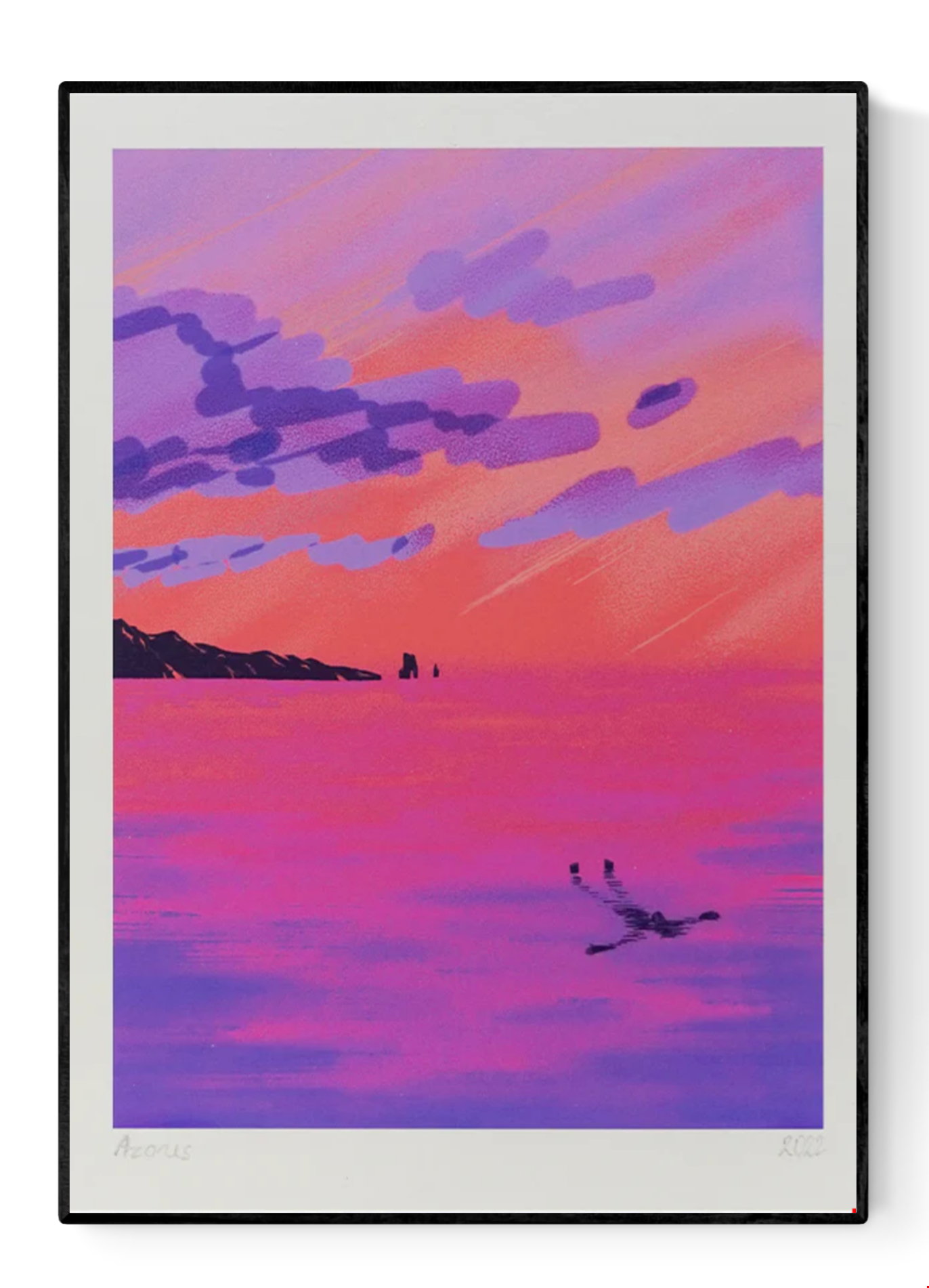 Vibrant sunset seascape illustration by Linde Raats titled 'Azores,' depicting a dreamy ocean view in striking shades of pink, purple, and coral. A lone swimmer floats peacefully in the glowing water as dramatic clouds stretch across the colorful sky—an evocative and serene print inspired by the Azores, perfect for lovers of tranquil landscapes and bold contemporary color palettes