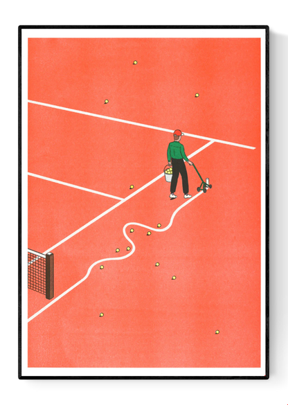 Roland-Garros art print by French illustrator Simon Bailly — risograph poster featuring a man marking tennis court lines with a curved stroke on a red clay field, surrounded by scattered tennis balls. Minimalist, witty, and modern design printed on Munken White paper by KIBLIND Workshop.