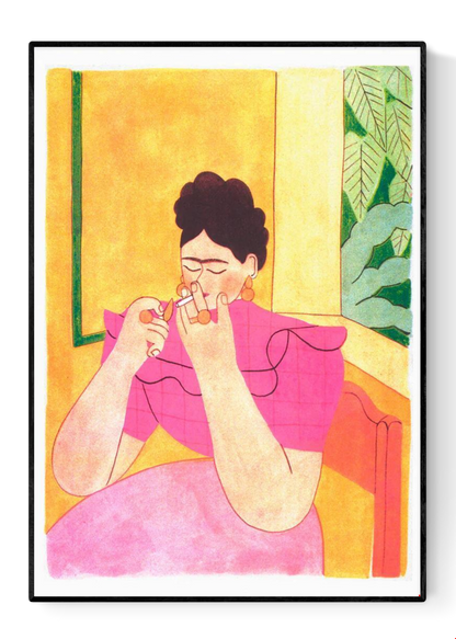 Modern minimalist illustration in warm tones depicting a woman in a pink dress and bold earrings lighting a cigarette, inspired by the iconic figure of Frida Kahlo. Contemporary artwork with a nostalgic feel, perfect for artistic decor, lovers of feminine portraiture, and expressive interiors.
