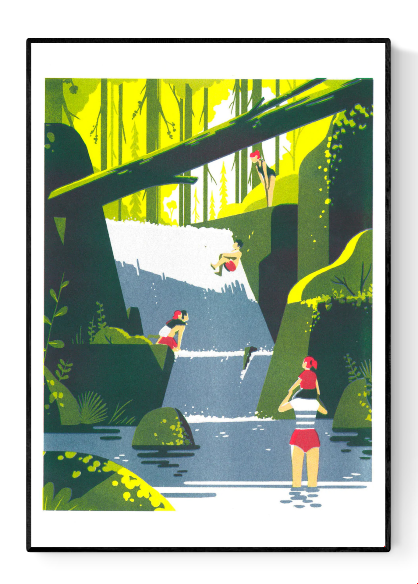 Risograph art print Cascade by Tom Haugomat showing children playing near a forest waterfall, surrounded by lush green trees and sunlight. Vibrant yellow and green tones, minimalist shapes, and nostalgic atmosphere — perfect nature wall art by the French illustrator, printed on Munken White Paper 150g.