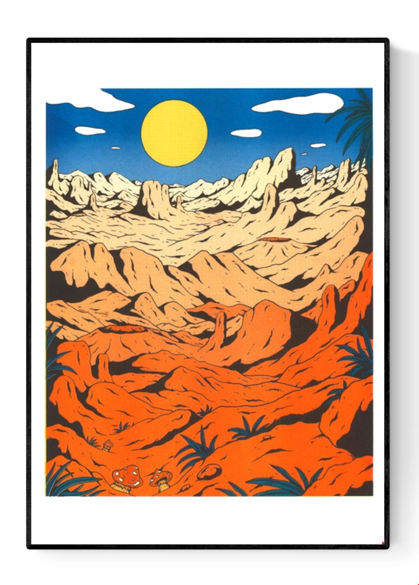 Colorful risograph print Landscape by Dutch illustrator Floor van het Nederend, depicting a surreal orange desert under a bright blue sky and large yellow sun, filled with alien rock formations and graphic details. A vibrant extraterrestrial landscape artwork ideal for collectors of bold and imaginative prints.