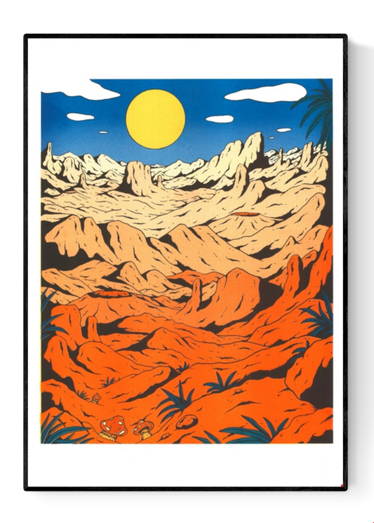 Colorful risograph print Landscape by Dutch illustrator Floor van het Nederend, depicting a surreal orange desert under a bright blue sky and large yellow sun, filled with alien rock formations and graphic details. A vibrant extraterrestrial landscape artwork ideal for collectors of bold and imaginative prints.