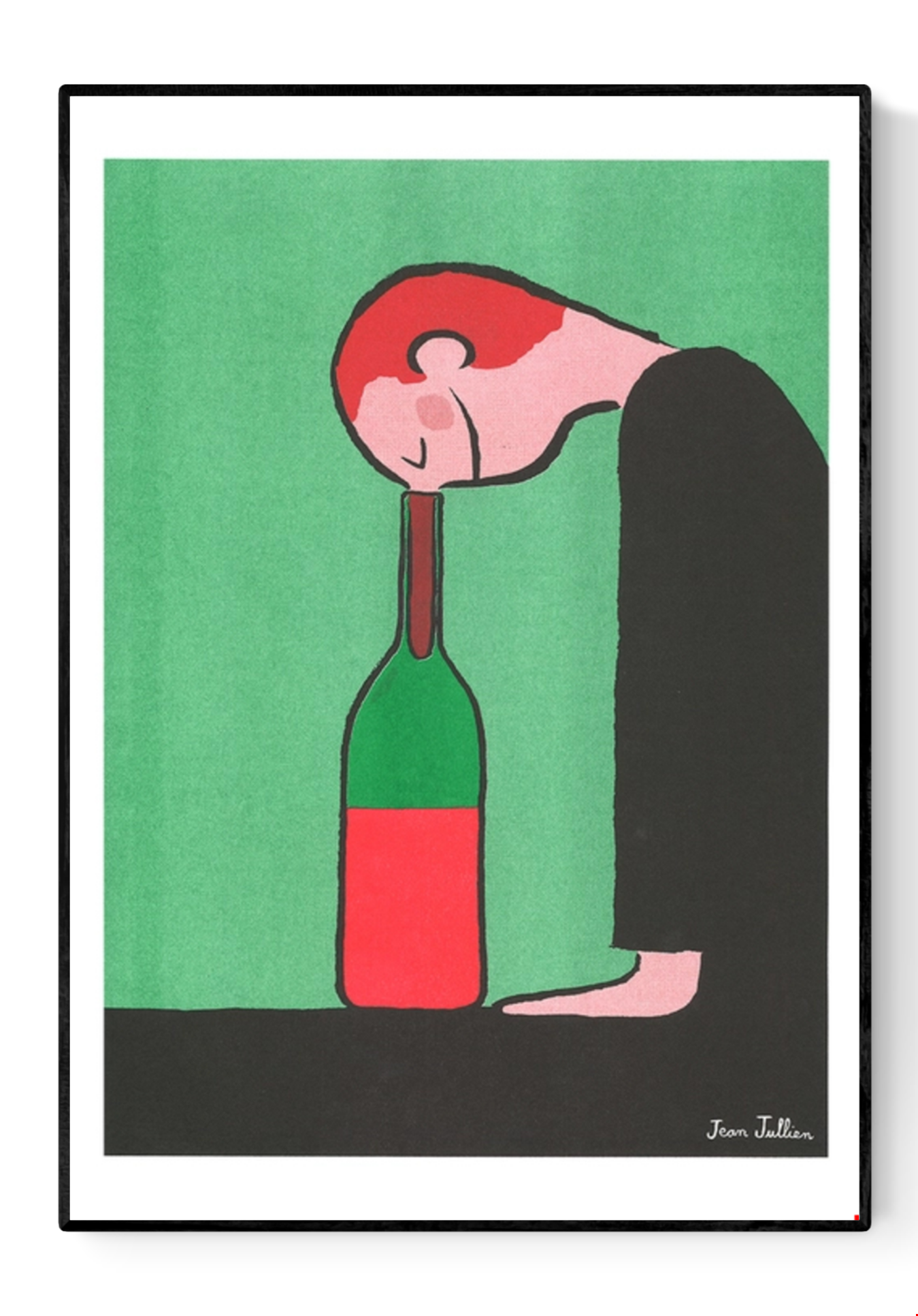 “Bottle” by French illustrator Jean Jullien – a risograph art print featuring a minimalist figure resting its head against a wine bottle, rendered in bold black, red, and green on Munken paper. A witty and emotional artwork that blends humor, simplicity, and design — perfect for modern interiors and collectors of contemporary illustration.