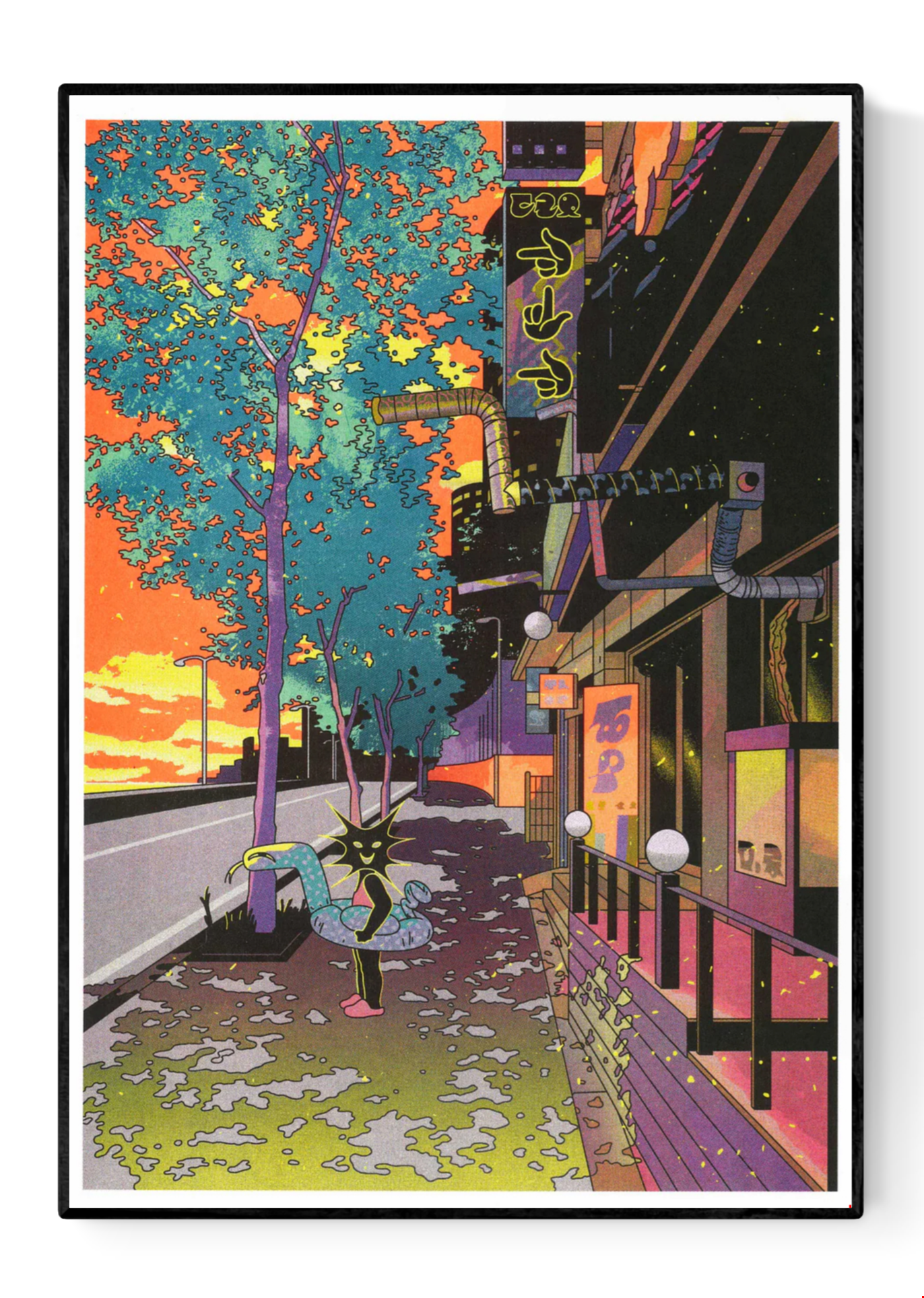 Colorful risograph art print by Korean illustrator Jinhwa Jang depicting a surreal summer cityscape at sunset — glowing orange sky, neon lights, and a playful black figure with a swim ring under blue-green trees. Urban illustration mixing retro hues and dreamy atmosphere — perfect wall art for modern interiors