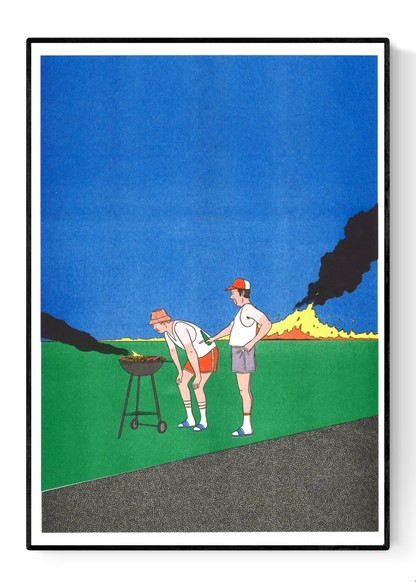 Barbeuc by Simon Bailly risograph print – two men at a barbecue with smoke and fire in a vivid blue and green landscape. A playful, colorful French illustration mixing humor, everyday life, and comic-style minimalism. Perfect contemporary wall art for design lovers.