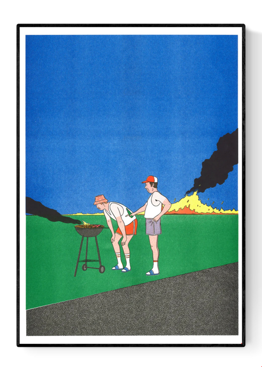 Barbeuc by Simon Bailly risograph print – two men at a barbecue with smoke and fire in a vivid blue and green landscape. A playful, colorful French illustration mixing humor, everyday life, and comic-style minimalism. Perfect contemporary wall art for design lovers.