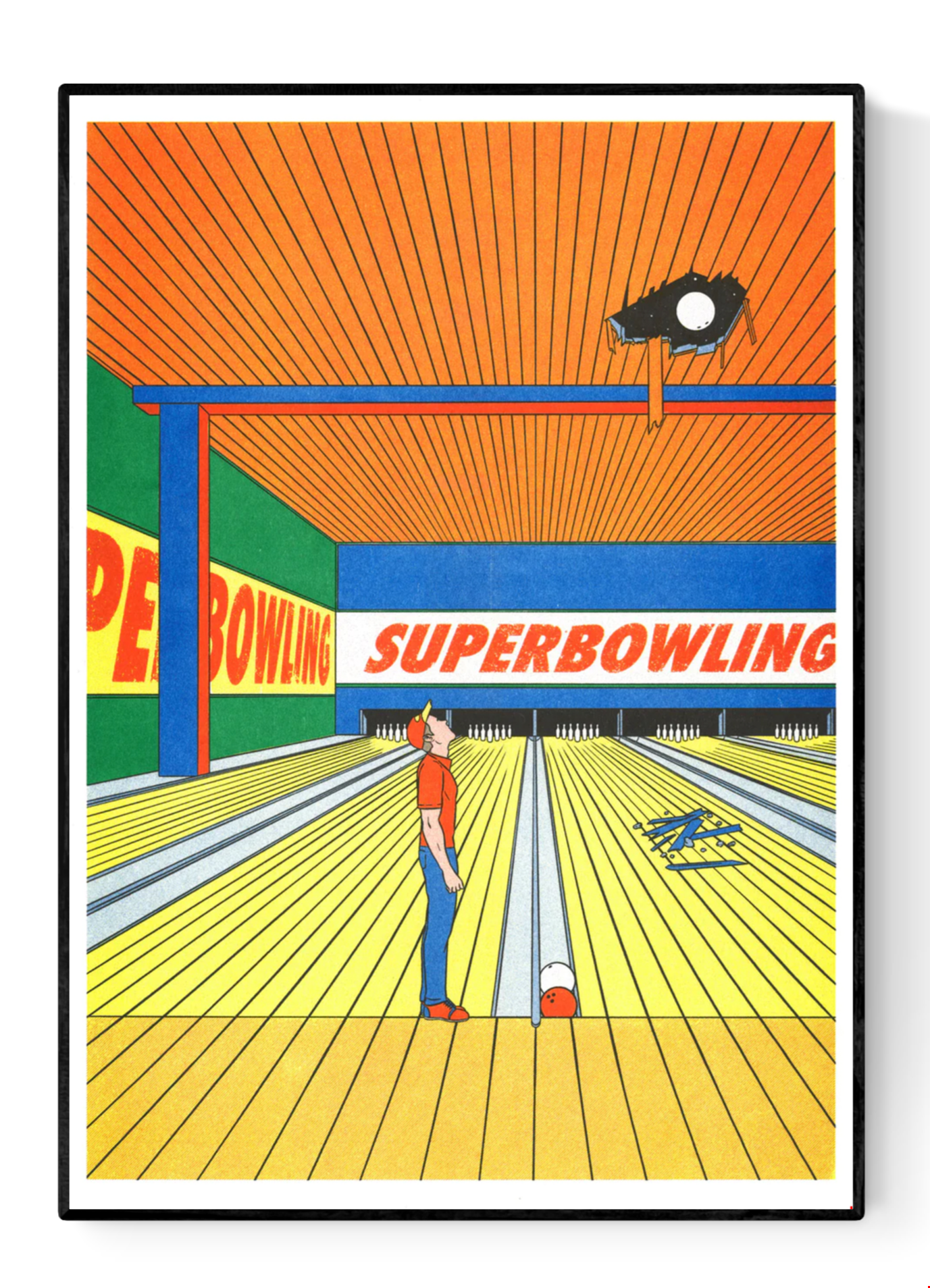 Risograph art print titled Super Bowling by French illustrator Simon Bailly, showing a man in a bowling alley looking up as a bowling ball crashes through the ceiling. The scene is drawn in a bold comic style with vivid orange, blue, and yellow colors, capturing humor and everyday absurdity in a clean, graphic composition.