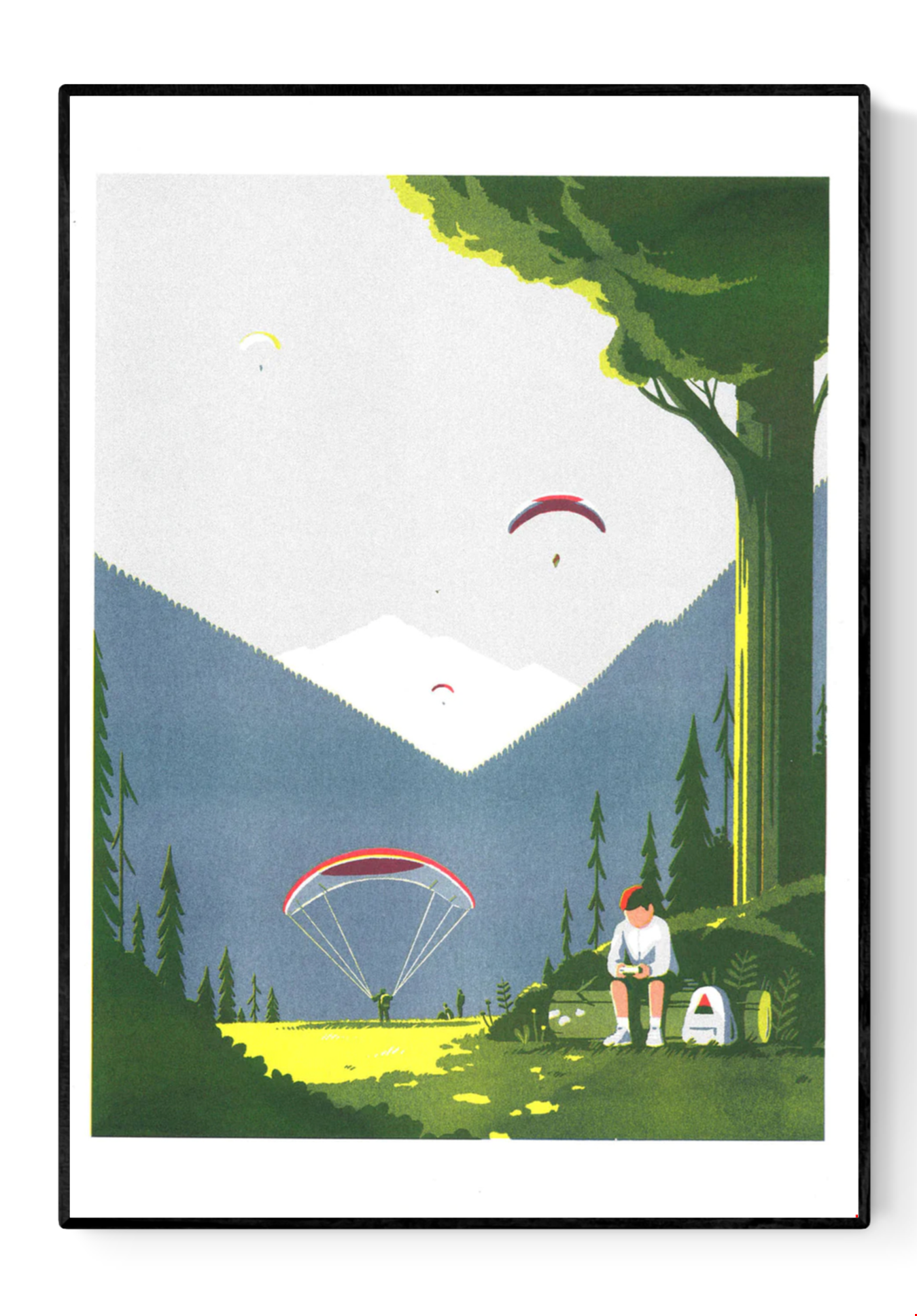 Risograph print Game Boy by Tom Haugomat — a boy playing his Game Boy in a sunny mountain valley while paragliders float in the sky, surrounded by pine trees and soft light. Minimalist French illustration blending nature, nostalgia, and modern design.