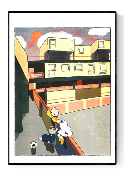 Colorful risograph print Estate Hang by Hel Covell showing three playful characters and a soccer ball in a modern urban courtyard at sunset, with geometric buildings and warm orange light — a nostalgic and tender artwork celebrating friendship and everyday life.