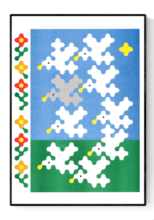 Colorful risograph art print titled Nine Birds by Joe O'Donnell. Features stylized white and gray birds with yellow beaks flying over a blue and green background, framed by red and yellow flowers. Modern geometric illustration blending nature and minimal digital design.