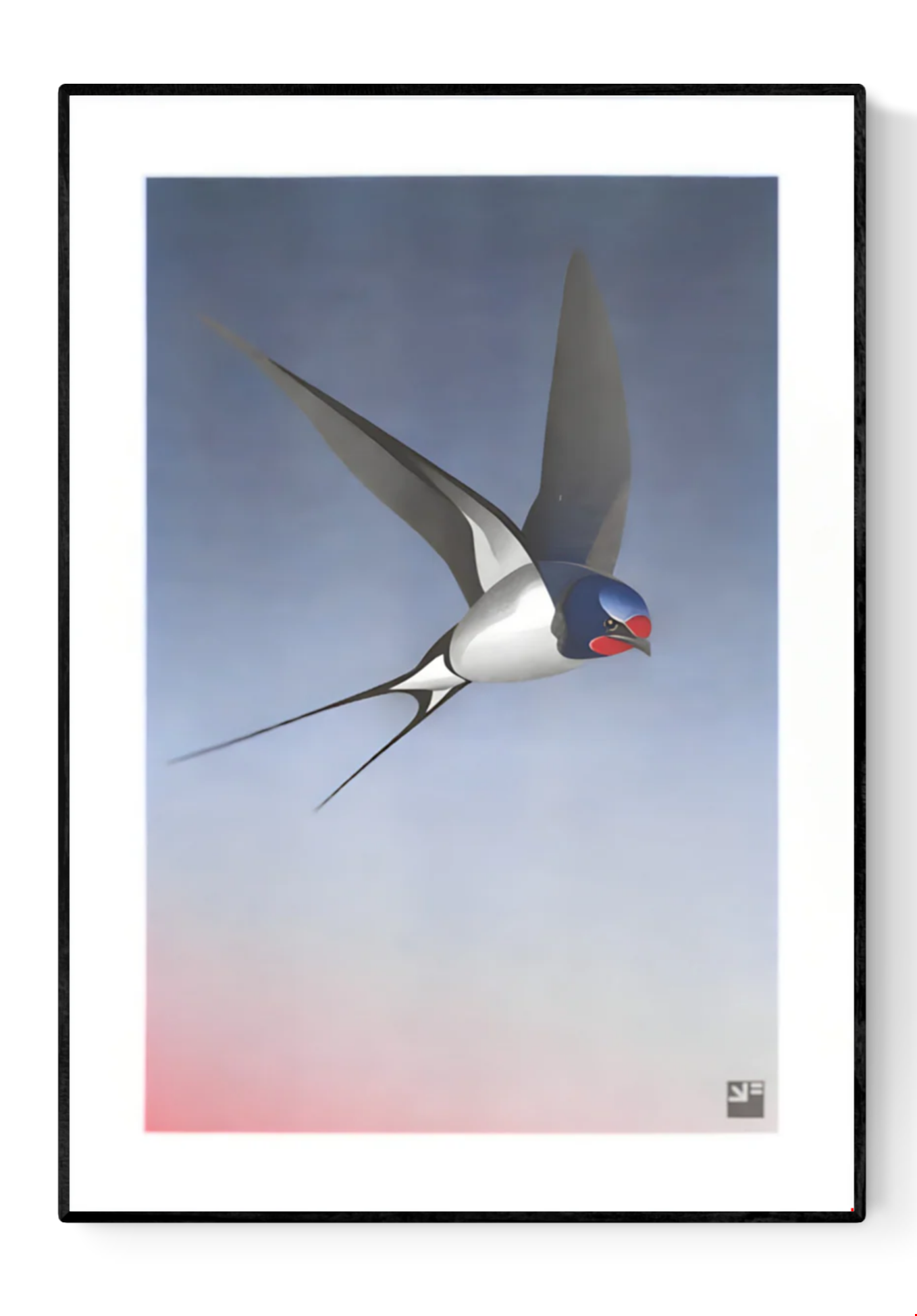 Elegant and minimalist illustration by Vrijformaat titled 'Barn Swallow,' featuring a sleek swallow in mid-flight against a smooth gradient background that transitions from soft pink to deep blue. This refined composition captures the grace and motion of the bird with clean lines and subtle texture—ideal for nature lovers, bird enthusiasts, and fans of serene, contemporary design