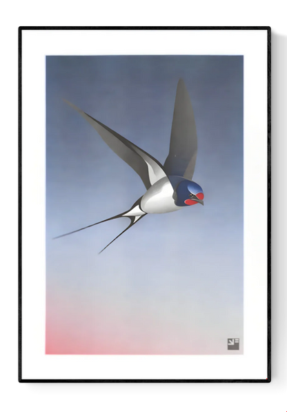 Elegant and minimalist illustration by Vrijformaat titled 'Barn Swallow,' featuring a sleek swallow in mid-flight against a smooth gradient background that transitions from soft pink to deep blue. This refined composition captures the grace and motion of the bird with clean lines and subtle texture—ideal for nature lovers, bird enthusiasts, and fans of serene, contemporary design