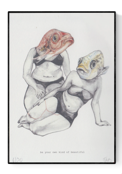 Surreal and empowering illustration by FAB titled 'Be Your Own Kind of Beautiful,' depicting two confident women in black lingerie with expressive fish heads, embracing body positivity and self-acceptance through a bold, thought-provoking visual statement