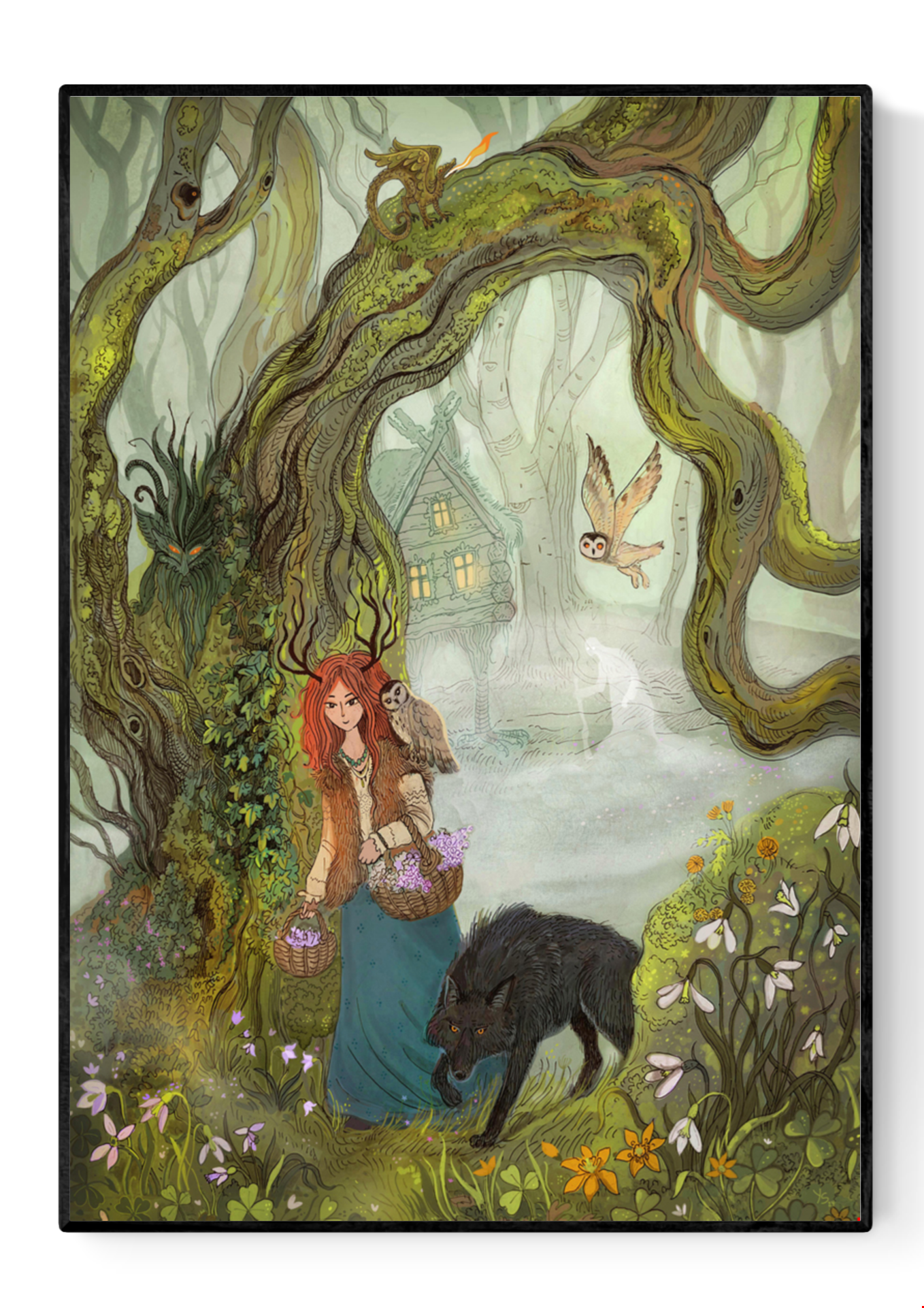 A4 Giclée print titled "Witch and Wolf" by Lena Yampolski, featuring a red-haired witch holding flowers, accompanied by a black wolf, set in a magical forest with fantasy trees, owl, and a hidden house in the mist.