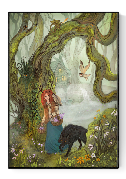 A4 Giclée print titled "Witch and Wolf" by Lena Yampolski, featuring a red-haired witch holding flowers, accompanied by a black wolf, set in a magical forest with fantasy trees, owl, and a hidden house in the mist.