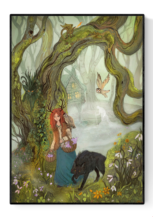 A4 Giclée print titled "Witch and Wolf" by Lena Yampolski, featuring a red-haired witch holding flowers, accompanied by a black wolf, set in a magical forest with fantasy trees, owl, and a hidden house in the mist.