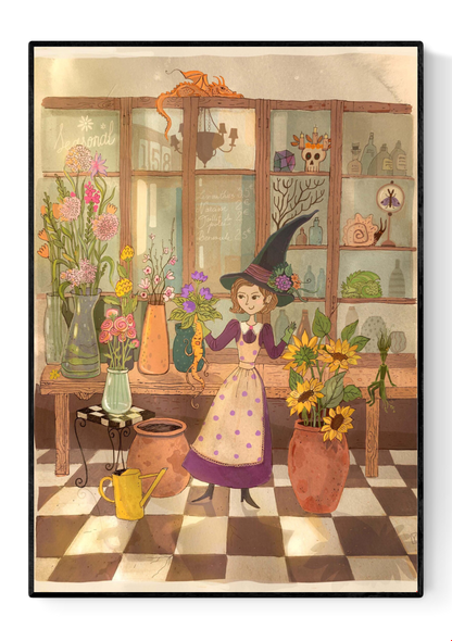 Illustration by Lena Yampolski showing a witch arranging magical flowers in a cozy botanical shop, surrounded by sunflowers, mandrakes, potions and fantasy creatures, in warm earthy tones.