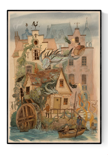 Fantasy-style illustration of Bruges by Lena Yampolski with magical creatures, dragons, octopus tentacles and charming Belgian houses – high-quality Giclée print available in A4 and A3, perfect wall decor for folklore and fantasy art lovers.