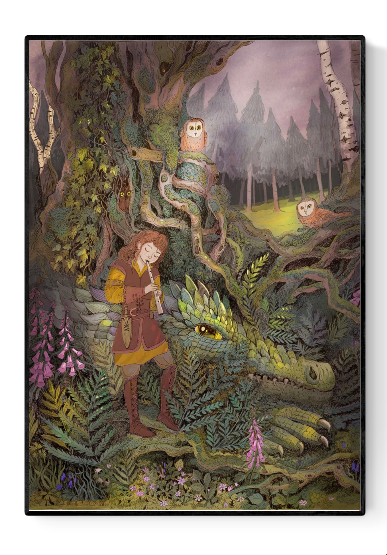 Fantasy art print “Song for a Dragon” by Lena Yampolski featuring a young musician playing the flute beside a resting green dragon in a magical forest with owls, wildflowers, and ancient trees. Celtic-inspired giclée print made in Belgium, perfect for fantasy art lovers and fairy-tale interiors.