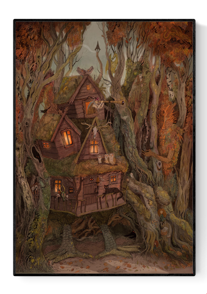 Illustration of a magical wooden house hidden in an autumn forest with glowing windows, owls, and a witch watching the night sky through a telescope. Detailed fantasy artwork by Lena Yampolski inspired by Slavic folktales, printed as a high-quality giclée art print on matte paper.