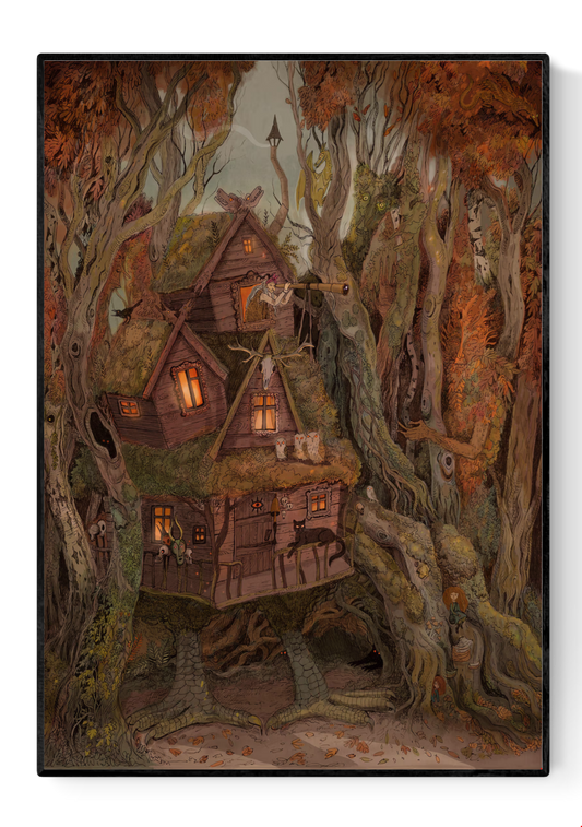 Illustration of a magical wooden house hidden in an autumn forest with glowing windows, owls, and a witch watching the night sky through a telescope. Detailed fantasy artwork by Lena Yampolski inspired by Slavic folktales, printed as a high-quality giclée art print on matte paper.