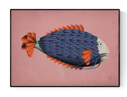 "Emile le Poisson" art print by Studio Frits – whimsical illustration of a stylized fish with a newspaper-textured face, vibrant orange fins, and deep blue scales on a pink background, perfect for eclectic wall art collectors and marine-themed interior decor, available at Galerie Frits