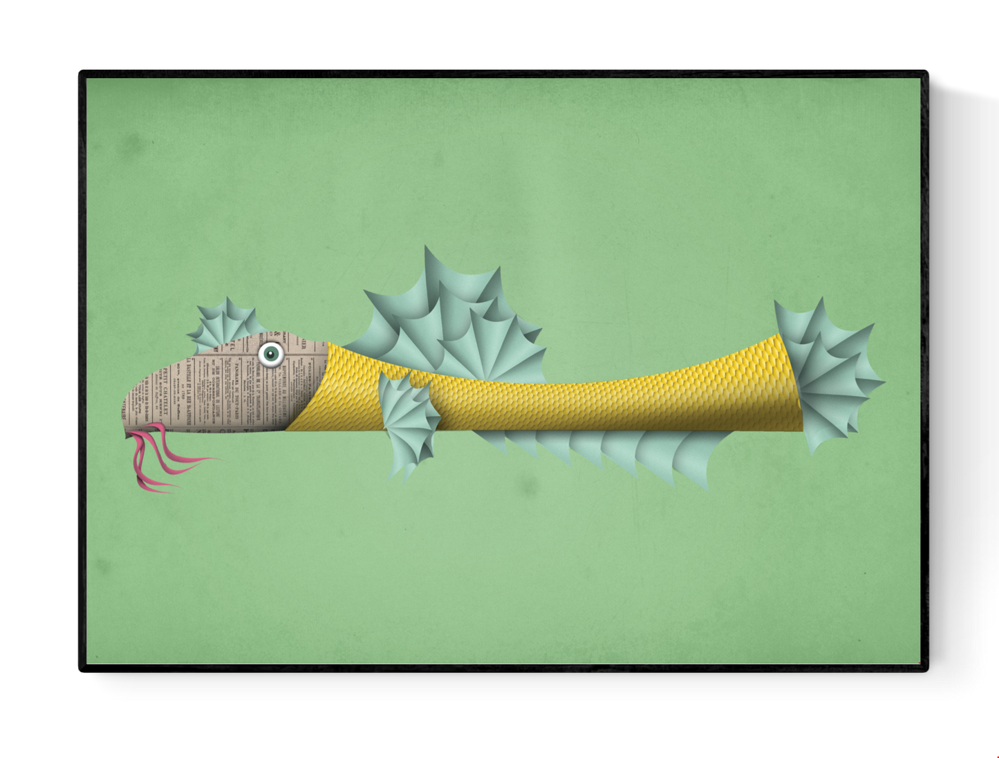 Whimsical illustration of a yellow fish with a newspaper-textured face and spiky blue fins on a green background – Fishy Frank art print by Studio Frits, perfect for playful wall decor and ocean-themed interiors, available at Galerie Frits