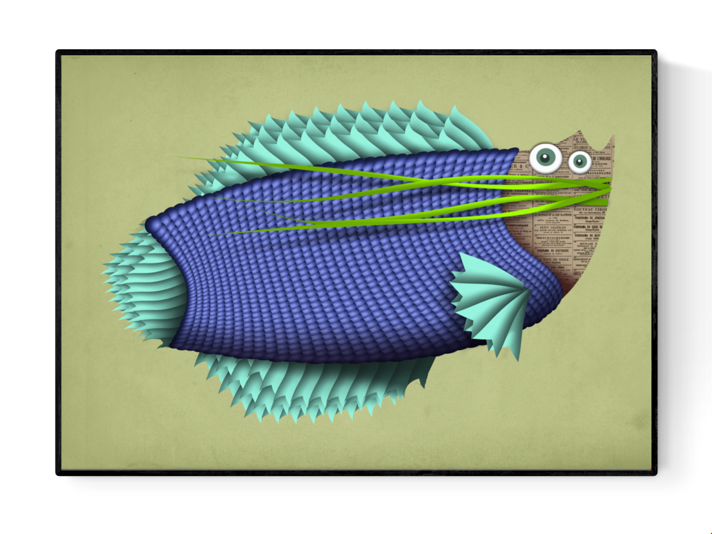 Whimsical fish illustration titled 'Helmut Von Fish' by Studio Frits – vibrant A4 art print featuring a quirky blue and green fish with textured scales and newspaper collage elements, printed on 300g Belgian paper.