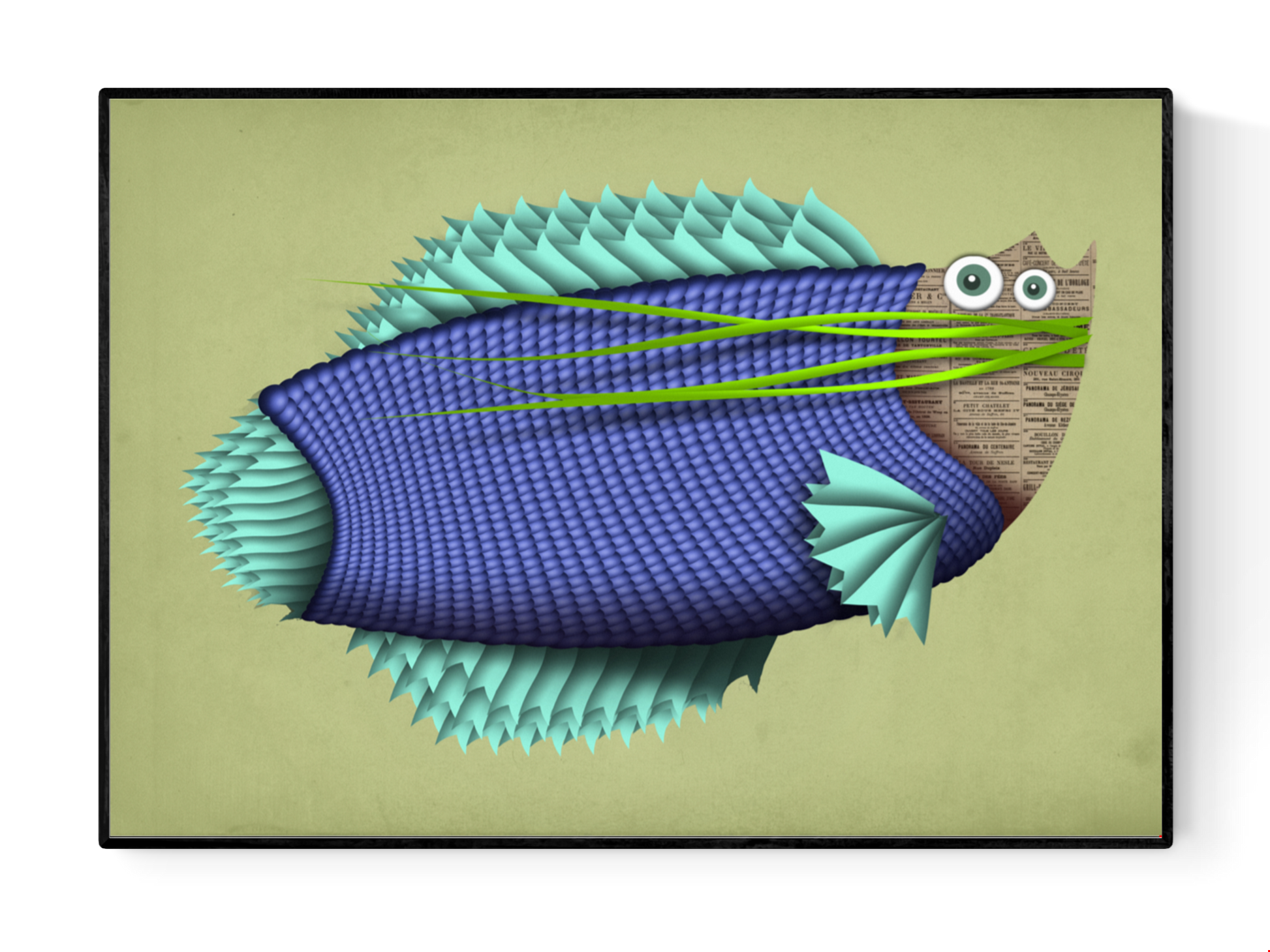 Whimsical fish illustration titled 'Helmut Von Fish' by Studio Frits – vibrant A4 art print featuring a quirky blue and green fish with textured scales and newspaper collage elements, printed on 300g Belgian paper.