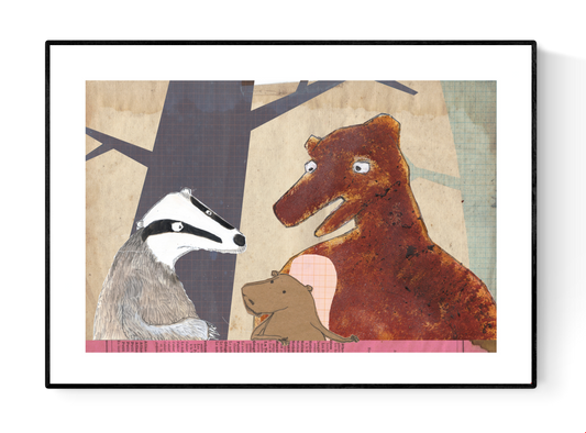 Whimsical collage-style illustrations by Studio Frits from the 'Animal School' series, featuring charming woodland creatures—bears, badgers, rabbits, and ducks—engaging in school-like scenes set in stylized forest environments. Created with layered textures, vintage maps, and paper cutout effects, these playful and imaginative prints are perfect for children’s rooms, creative spaces, and storybook-themed decor