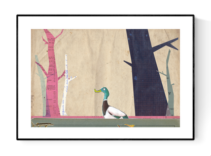 Whimsical collage-style illustrations by Studio Frits from the 'Animal School' series, featuring charming woodland creatures—bears, badgers, rabbits, and ducks—engaging in school-like scenes set in stylized forest environments. Created with layered textures, vintage maps, and paper cutout effects, these playful and imaginative prints are perfect for children’s rooms, creative spaces, and storybook-themed decor