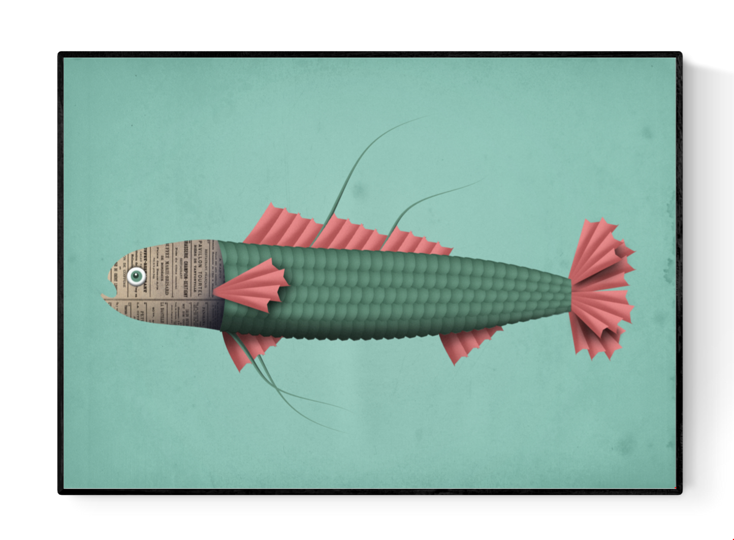 Colorful illustration of a whimsical fish with a newspaper-textured head and pink fins by Studio Frits, modern ocean-themed wall art print, 21 x 29.7 cm, made in Belgium.