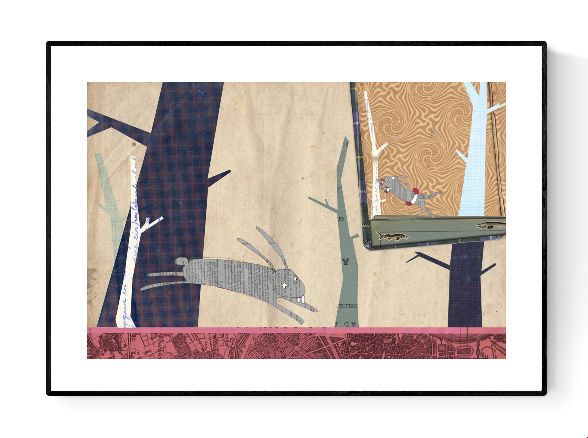 Whimsical collage-style illustrations by Studio Frits from the 'Animal School' series, featuring charming woodland creatures—bears, badgers, rabbits, and ducks—engaging in school-like scenes set in stylized forest environments. Created with layered textures, vintage maps, and paper cutout effects, these playful and imaginative prints are perfect for children’s rooms, creative spaces, and storybook-themed decor