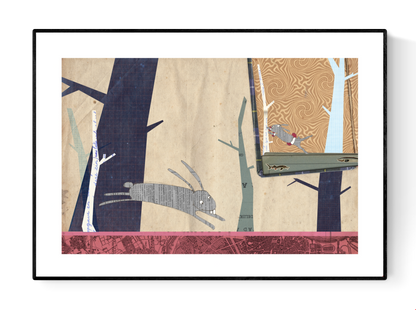 Whimsical collage-style illustrations by Studio Frits from the 'Animal School' series, featuring charming woodland creatures—bears, badgers, rabbits, and ducks—engaging in school-like scenes set in stylized forest environments. Created with layered textures, vintage maps, and paper cutout effects, these playful and imaginative prints are perfect for children’s rooms, creative spaces, and storybook-themed decor