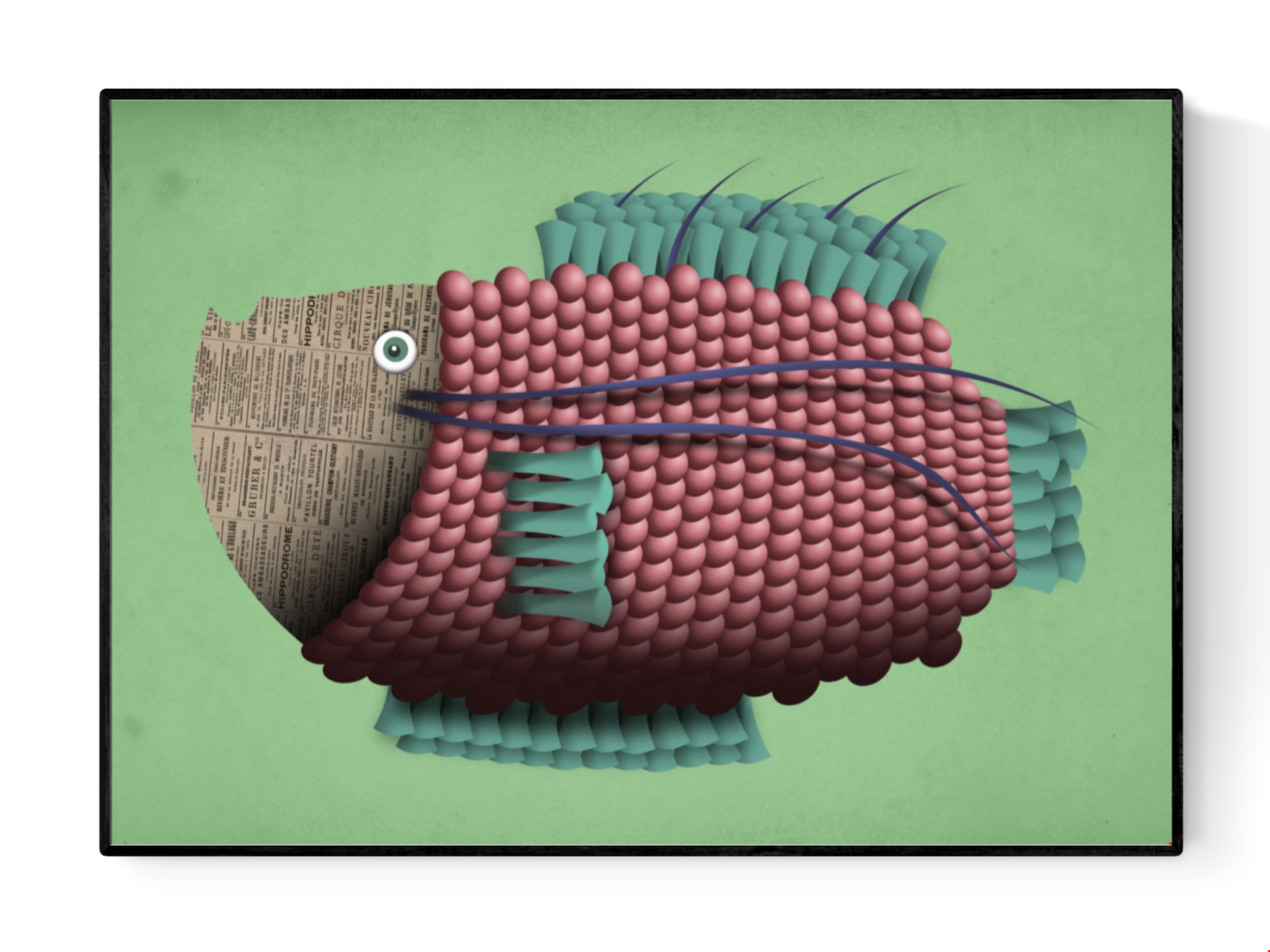 Colorful fish illustration with textured pink scales, teal fins, and a newspaper-textured head on a green background – whimsical aquatic art print by Studio Frits, titled Jeanne P’oisson, 21 x 29.7 cm.