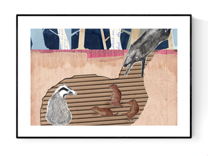 Whimsical collage-style illustrations by Studio Frits from the 'Animal School' series, featuring charming woodland creatures—bears, badgers, rabbits, and ducks—engaging in school-like scenes set in stylized forest environments. Created with layered textures, vintage maps, and paper cutout effects, these playful and imaginative prints are perfect for children’s rooms, creative spaces, and storybook-themed decor